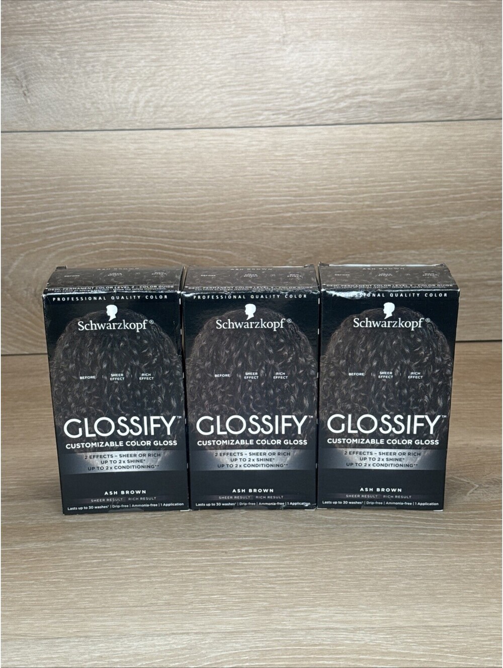 LOT (3) SCHWARZKOPF GLOSSIFY ASH BROWN EFFECT SHEER OR RICH HAIR COLOR GLOSS